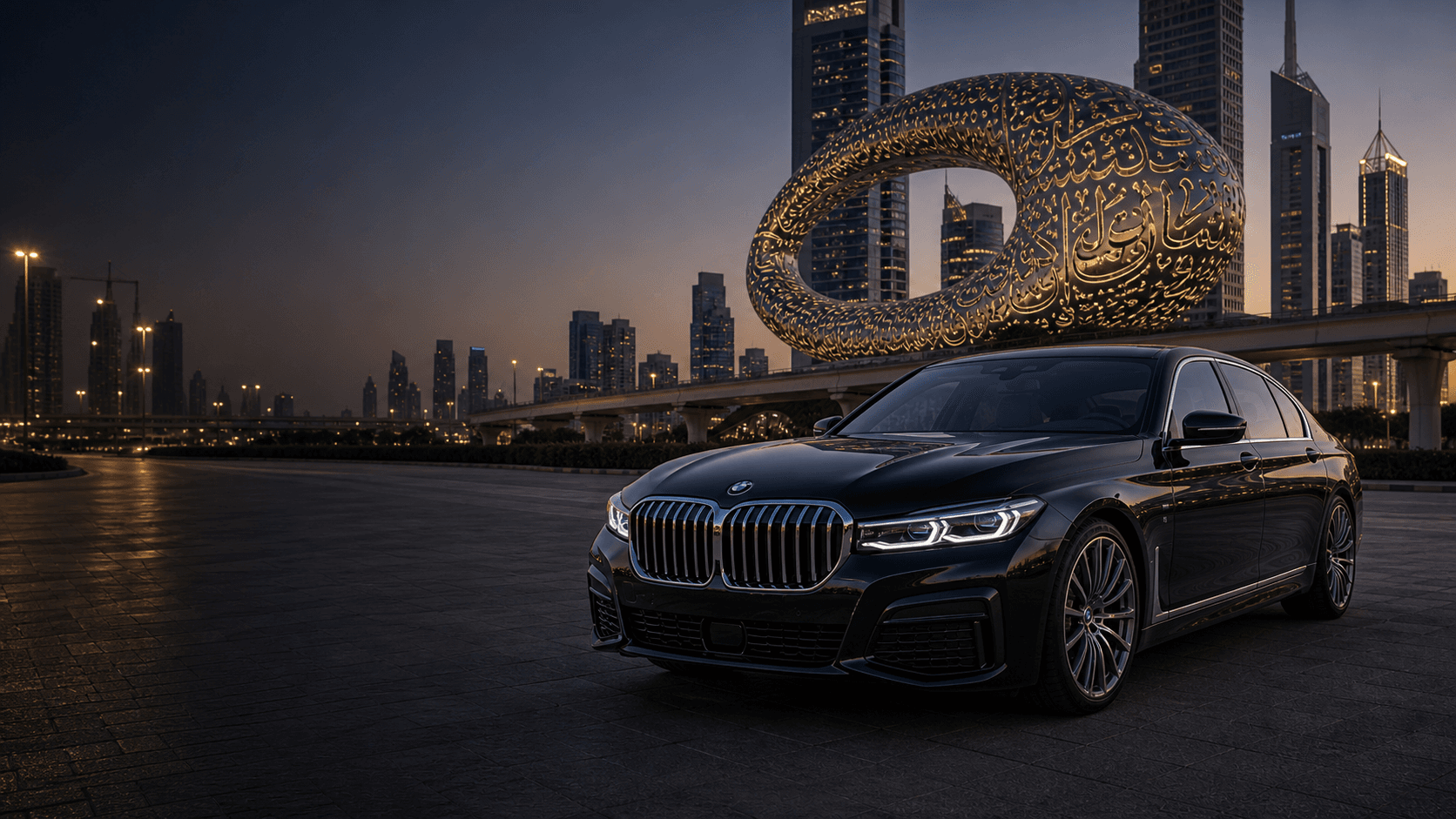 Black BMW sedan with hood emblem near the Museum of the Future