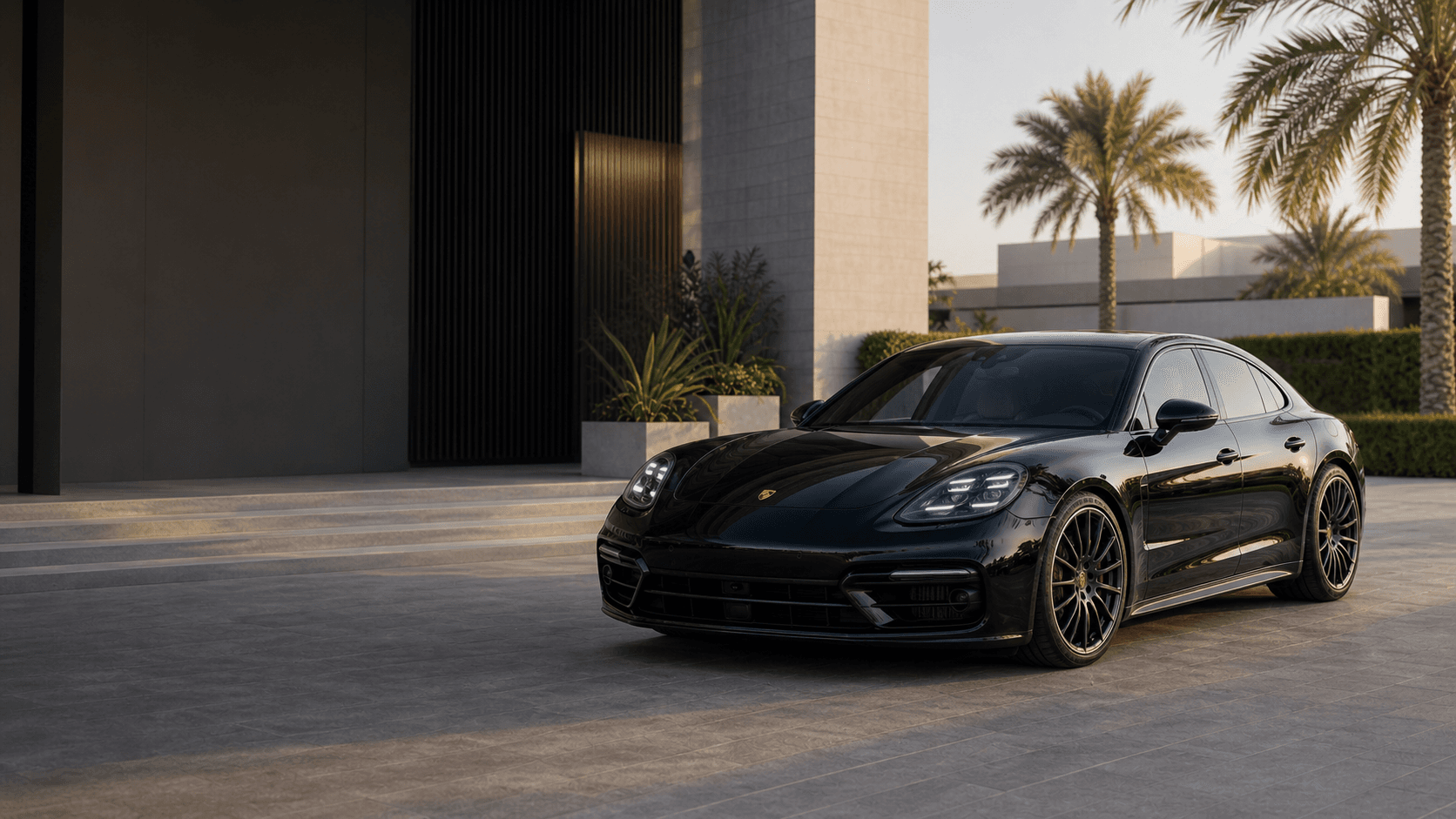 Black Porsche sedan parked outside a modern Dubai villa
